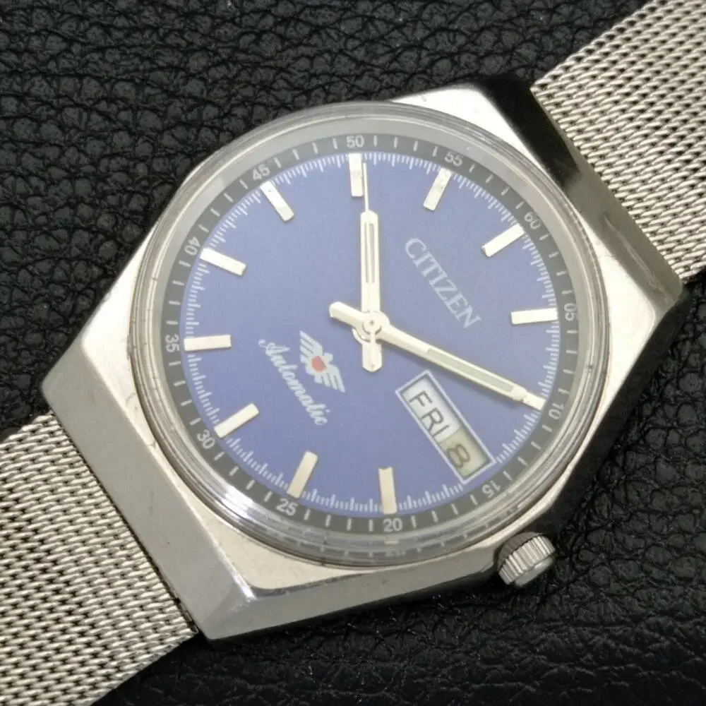 Vintage 1981 Citizen Automatic Mens Silver Watch W/daydate & Blue accents